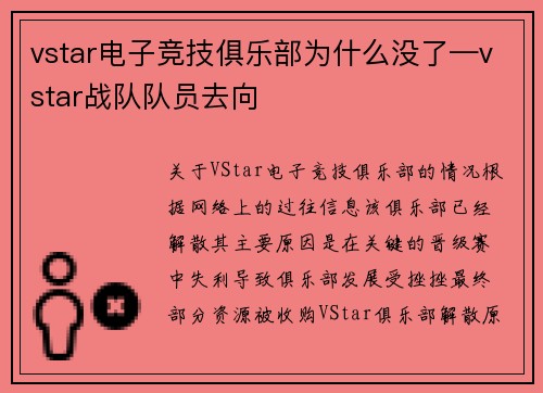vstar电子竞技俱乐部为什么没了—vstar战队队员去向